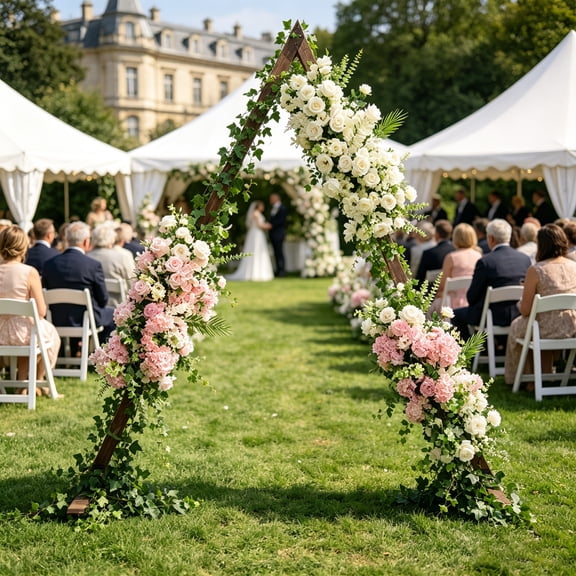 ToppiJoy 8.2FT Rustic Farmhouse Triangle Wood Arch Wedding & Garden Arbor Backdrop Stand for Parties, Outdoor Events, and Garden Decorations (Wood Triangle)