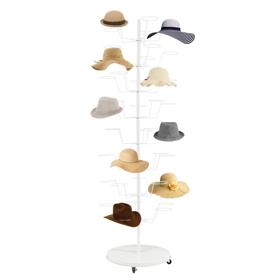 ToppiJoy 8-Tier Freestanding Hat Rack Stand, Rotating Hats Display Rack with 40 Hat Positions, Metal Retail Wig Hat Display Stand with Wheels (White)
