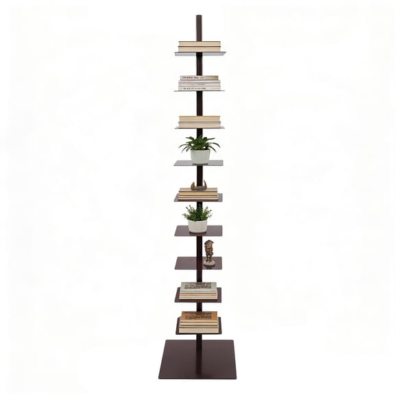 ToppiJoy 9 Tier Metal Spine Bookshelf Tower, Adjustable Vertical Tower for Books, Tall Narrow Ladder Bookcase, for Study Room, Living Room, Bedroom (Brown)