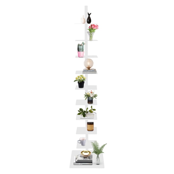 ToppiJoy 9 Tier Metal Spine Bookshelf Tower, Adjustable Vertical Tower for Books, Tall Narrow Ladder Bookcase, for Study Room, Living Room, Bedroom (White)