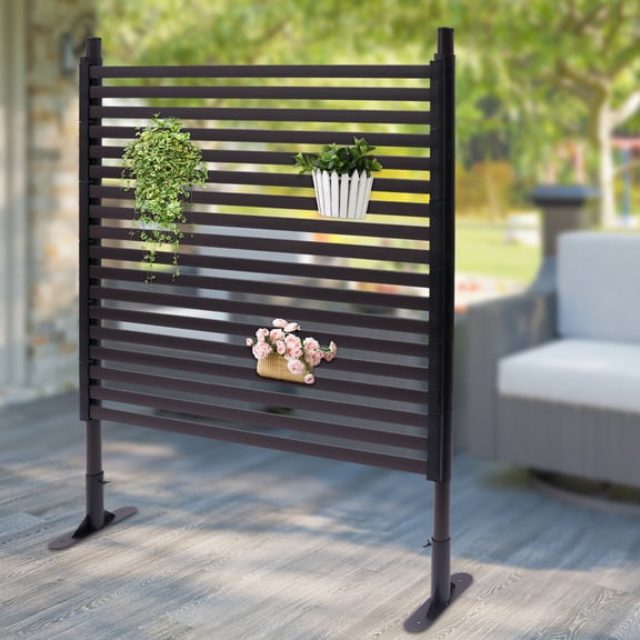 ToppiJoy 90*120cm Outdoor Freestanding Privacy Screen, Metal Slatted Decorative Panel With Stand, Brown Backyard Screen for Garden Patio