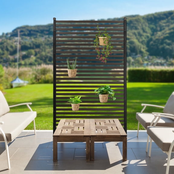 ToppiJoy 90*180cm Outdoor Freestanding Privacy Screen, Metal Slatted Decorative Panel With Stand, Brown Backyard Screen for Garden Patio