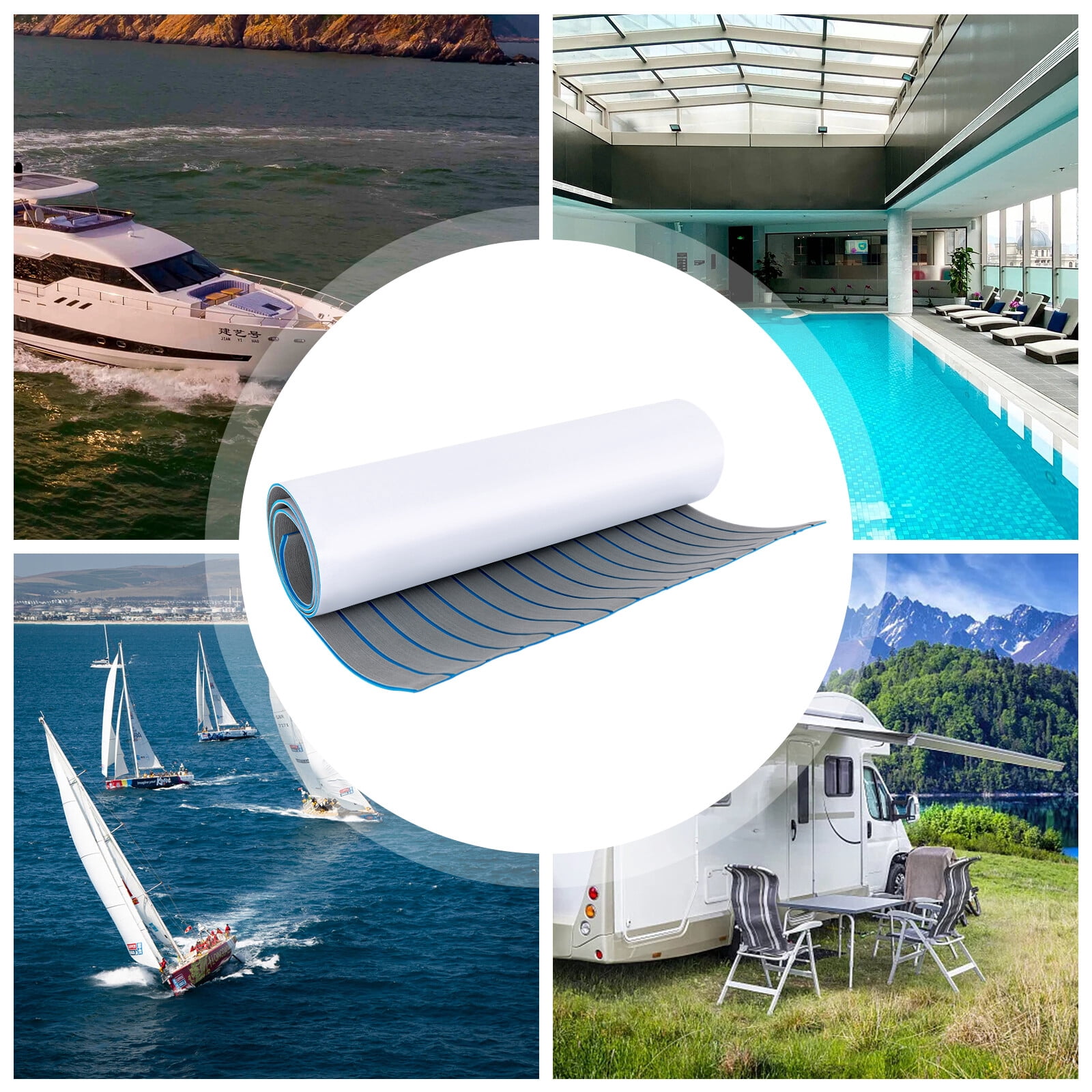 ToppiJoy 95*35.5inch EVA Foam Teak Sheet Marine Flooring Yacht Boat Decking Board Canoe Golf Cart RV Flooring Self-Adhesive Pad, Light Grey with Blue Seam