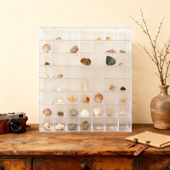 ToppiJoy Acrylic Rock Display Case Clear Collection Box with Lid, Storage Display Case for Bedrooms Living Rooms (56 Compartments)