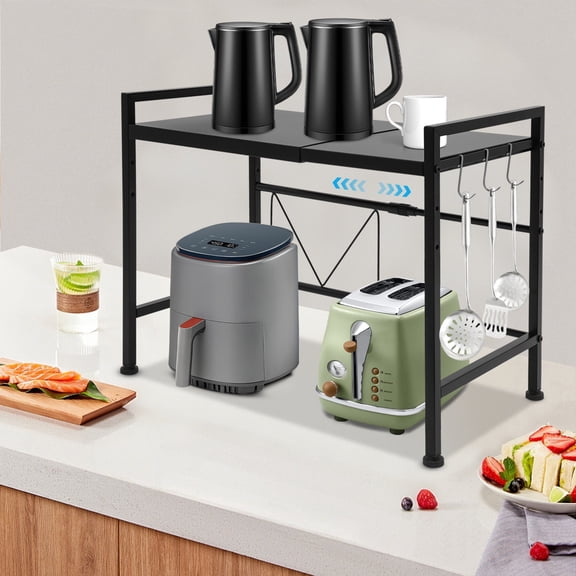 ToppiJoy Adjustable Extendable Microwave Oven Rack with 3 Hooks, Microwave Shelf Stand, Bearing Kitchen Counter Top Organizer Holder