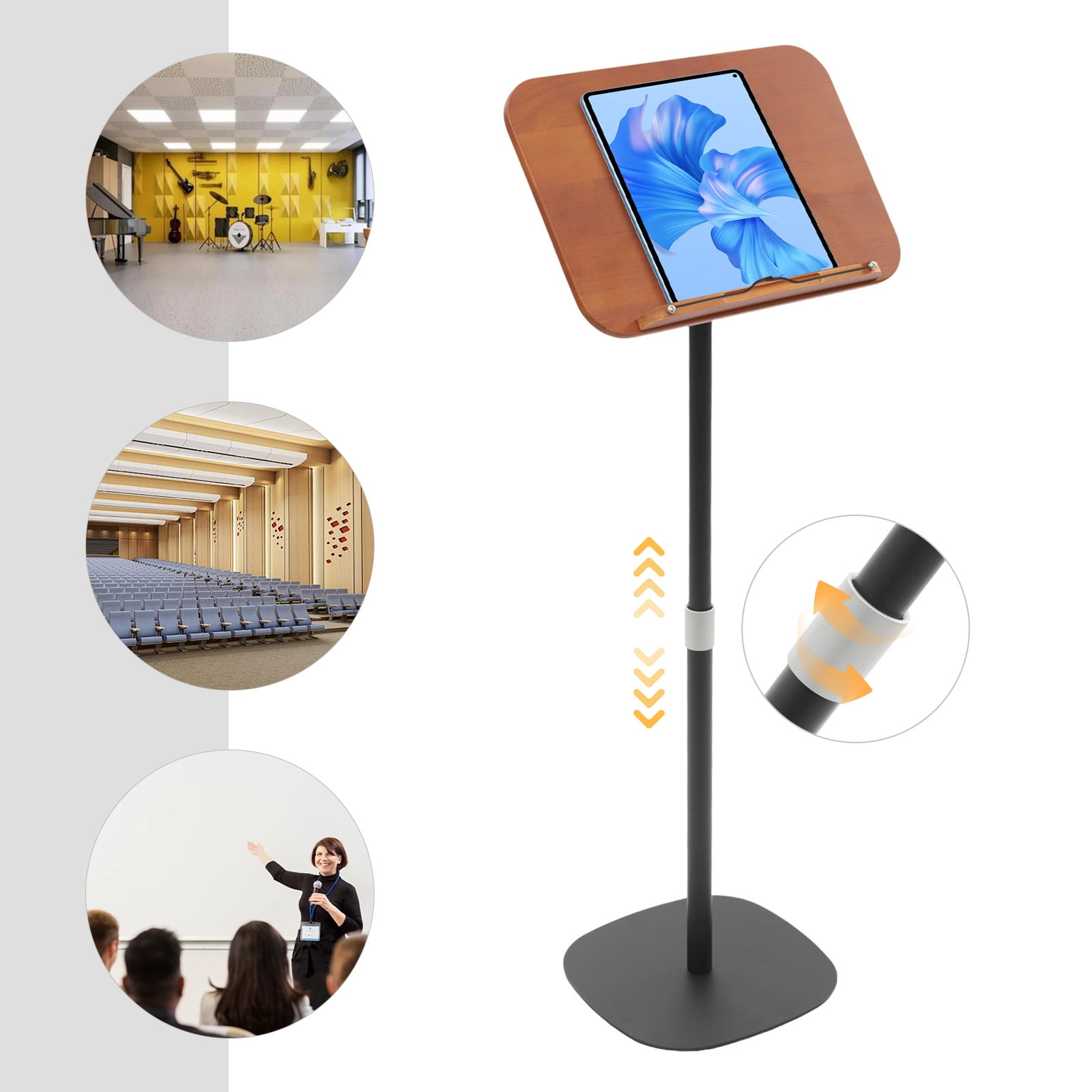 ToppiJoy Adjustable Floor Book Stand for Reading, Book Holder Stand Music Stand with Wooden Pad and Page Paper Clip (15.8-39.4in)
