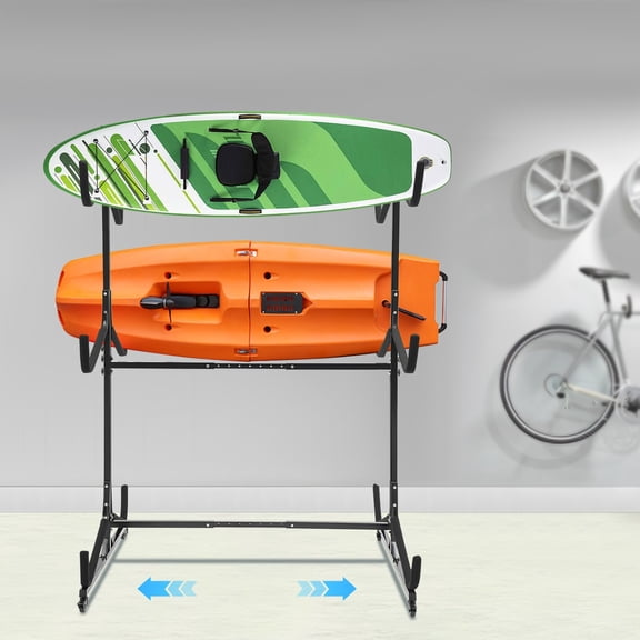 ToppiJoy Adjustable Kayak Storage Rack, Freestanding Kayak Stand with Lockable Wheels, Heavy Duty Metal Stand for Canoe Boat Paddle Board SUP Surfboard Black(3 Tiers)