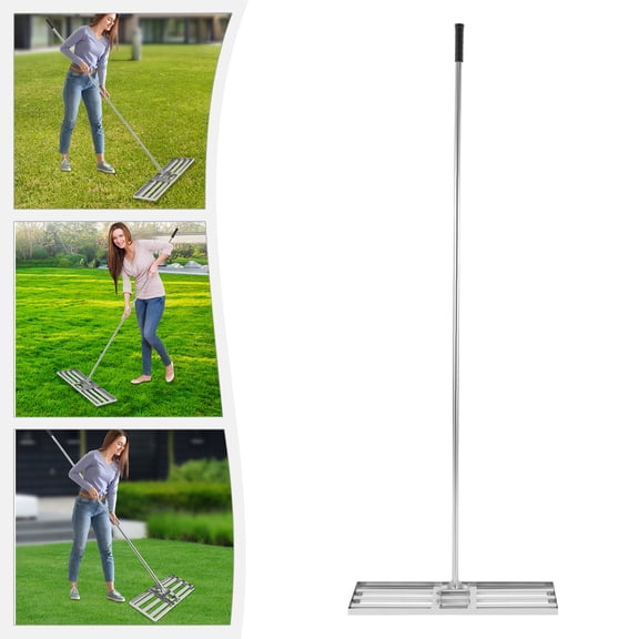 ToppiJoy Adjustable Lawn Leveling Rake, Soil Lawn Rake, Lawn Leveling Tool with Handle, for Backyard Lawns, Gardens, Golf Courses Silver