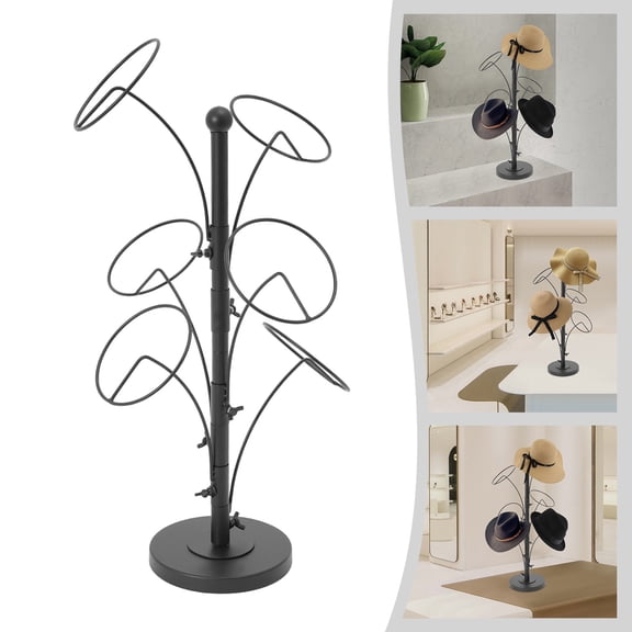 ToppiJoy Adjustable Modern Metal Hat Stands, Hat Display Rack with 6 Round Hooks, for Bedrooms, Clothing Stores (Black, 6 Hooks)
