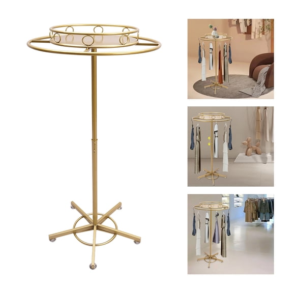 ToppiJoy Adjustable Round Rotatable Garment Rack, Floor Standing Clothing Rack Retail Display Stand for Bedrooms Living Rooms Stores Gold