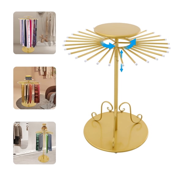 ToppiJoy Adjustable Scarf Display Rack, Gold Rotating Scarf Rack, Rotating Round Scarf Display Stand with 30 Rods, for Clothing Store, Home
