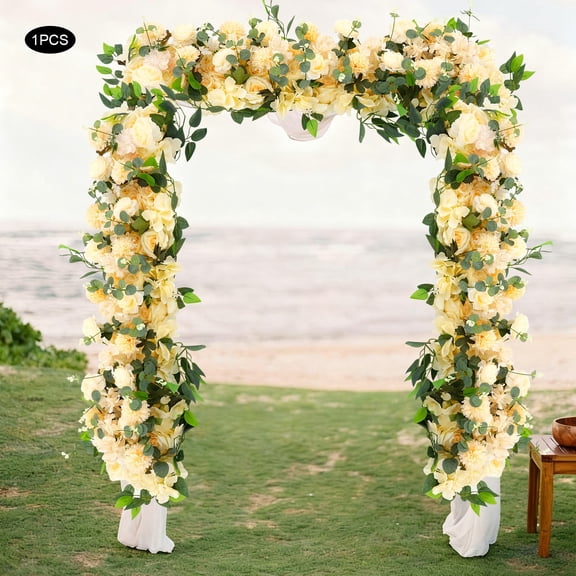 ToppiJoy Artificial Flower Row, Artificial Flowers for Home Party Wedding Decor, Indoor Outdoor Arch Staircase Decoration with Polyester Fibre & Pearl Cotton 100*30cm (Champagne Color)