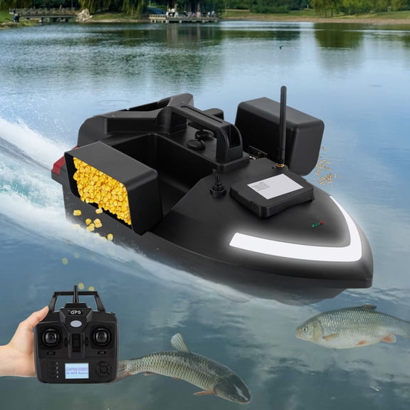 ToppiJoy Bait Boat 1640ft Remote Control RC GPS Fishing Bait Boat, Fishing Boats with 3 Bait Bins and Night Searchlight (Black)