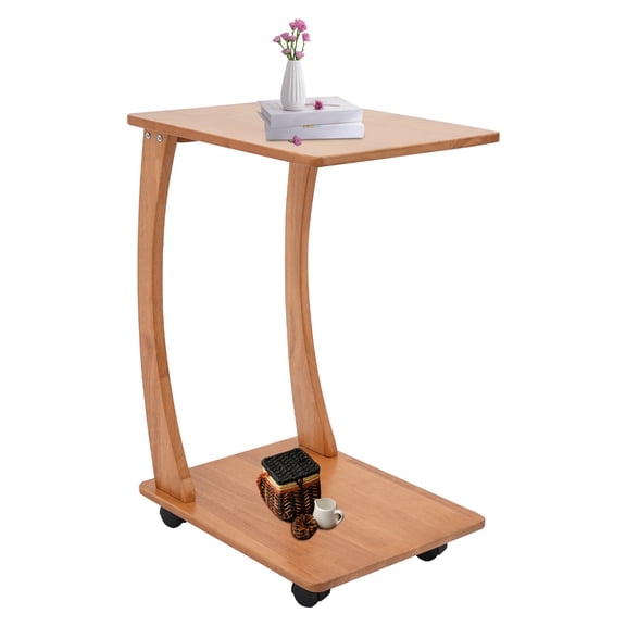 ToppiJoy C Shaped Solid Wood End Table with Rolling Wheels, Modern Side Table, TV Tray Table (Cherry Wood Color)