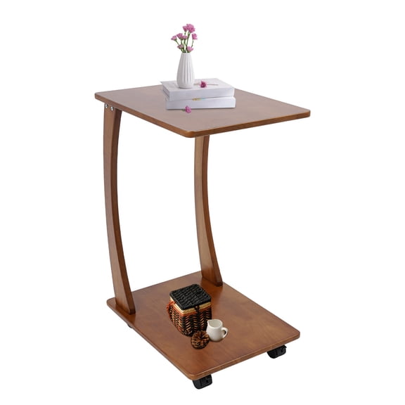 ToppiJoy C Shaped Solid Wood End Table with Rolling Wheels, Modern Side Table, TV Tray Table (Light Walnut)