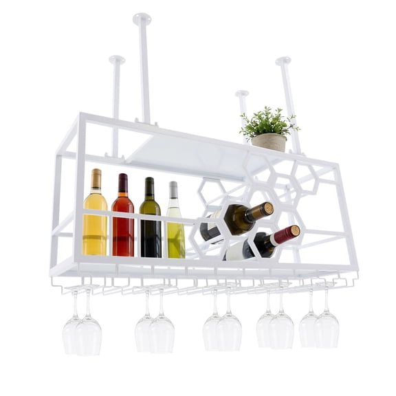 ToppiJoy Ceiling Wine Rack, Hanging Wine Glass Rack with Glass Holder, for Bar Hotel Kitchen Restaurants (White)