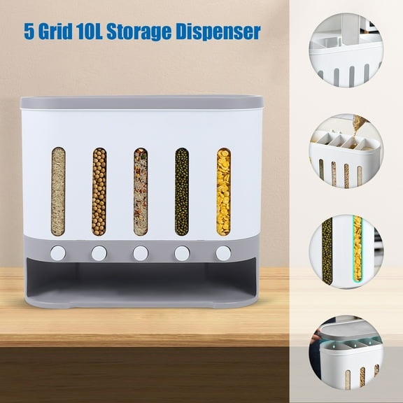 ToppiJoy Cereal Dispenser – 5-Compartment Wall-Mounted Food Storage Container with Separate Buttons, Airtight Design for Kitchen Organization