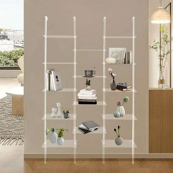 ToppiJoy Clear Acrylic Bookshelf Wall Mounted, Ladder Bookshelf with Open Shelves, Multipurpose Bookcase for Living Room, Bathroom, Office (5-Tier, 14 Shelves)