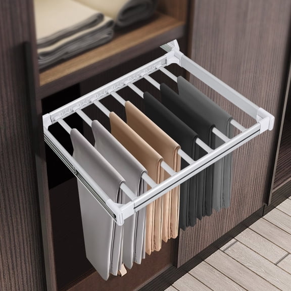 ToppiJoy Closet Pants Rack with 11 Rods, Pull Out Closet Pants Rack Trousers Hanger, Retractable Wardrobe Pants Rack for Cabinet (Silver White)