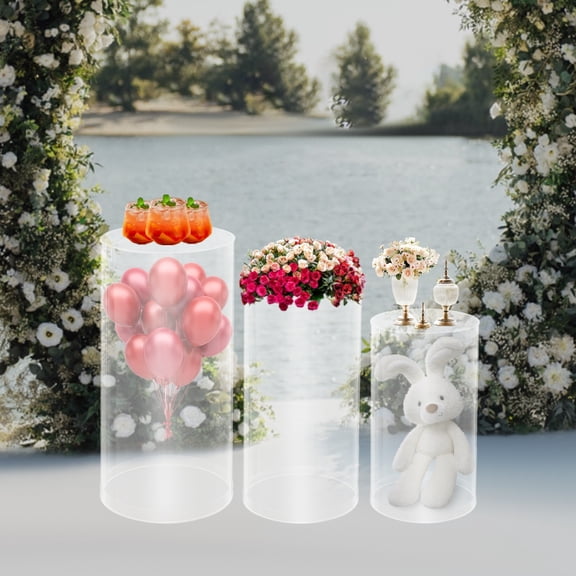 ToppiJoy Cylinder Pedestal Stands, Display Round Decor Backdrop, Metal Round Cylinder Plinths Dessert Table Display Pillars for Birthday Wedding (Clear, 3Pcs)