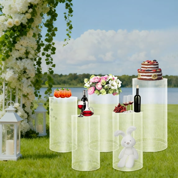 ToppiJoy Cylinder Pedestal Stands, Display Round Decor Backdrop, Metal Round Cylinder Plinths Dessert Table Display Pillars for Birthday Wedding (Clear, 5Pcs)