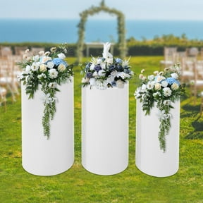 ToppiJoy Cylinder Pedestal Stands, Display Round Decor Backdrop, Metal Round Cylinder Plinths Dessert Table Display Pillars for Birthday Wedding (White A, 3Pcs)