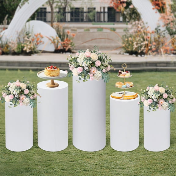 ToppiJoy Cylinder Pedestal Stands, Display Round Decor Backdrop, Metal Round Cylinder Plinths Dessert Table Display Pillars for Birthday Wedding (White B, 5Pcs)