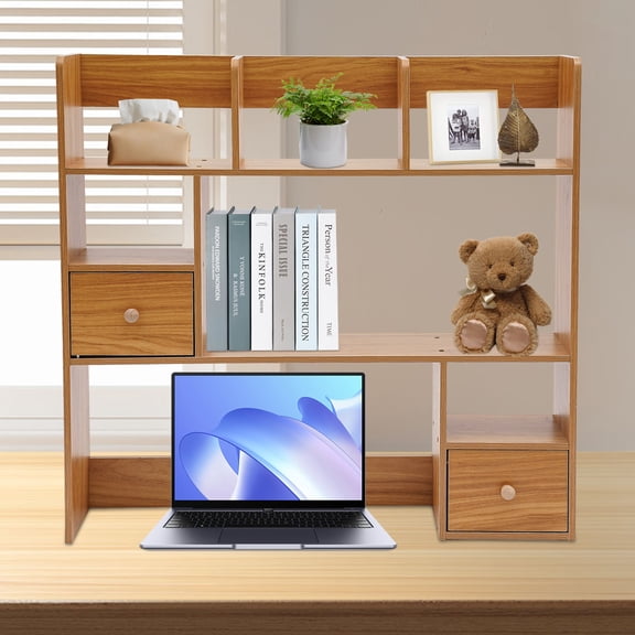 ToppiJoy Desktop Bookshelf, Desk Storage Organizer, Wood Desk Display Shelf Rack, Office Supplies Desk Organizer (Pine Color)