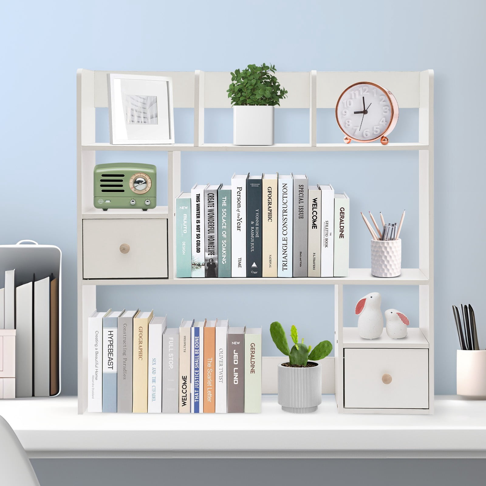 ToppiJoy Desktop Bookshelf, Desk Storage Organizer, Wood Desk Display Shelf Rack, Office Supplies Desk Organizer (White)