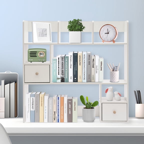 ToppiJoy Desktop Bookshelf, Desk Storage Organizer, Wood Desk Display Shelf Rack, Office Supplies Desk Organizer (White)