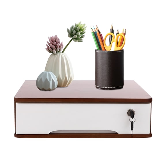 ToppiJoy Desktop Storage Box with Lockable Drawer, Office Supplies Drawer Organizer, Wooden Desk Organizer (Walnut Color, White)