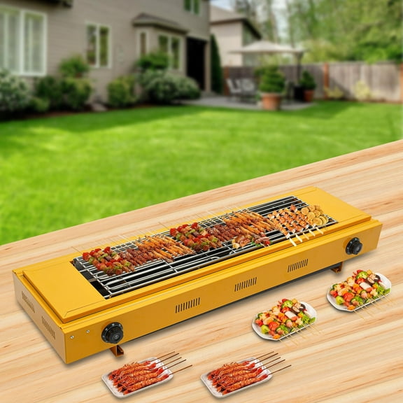 ToppiJoy Double Head Temperature Controlled Electric Grill, 50-300°C Adjustable Temperature Control, Portable Outdoor Barbecue Grill, Household and Commercial Electric Skewer Grill Yellow