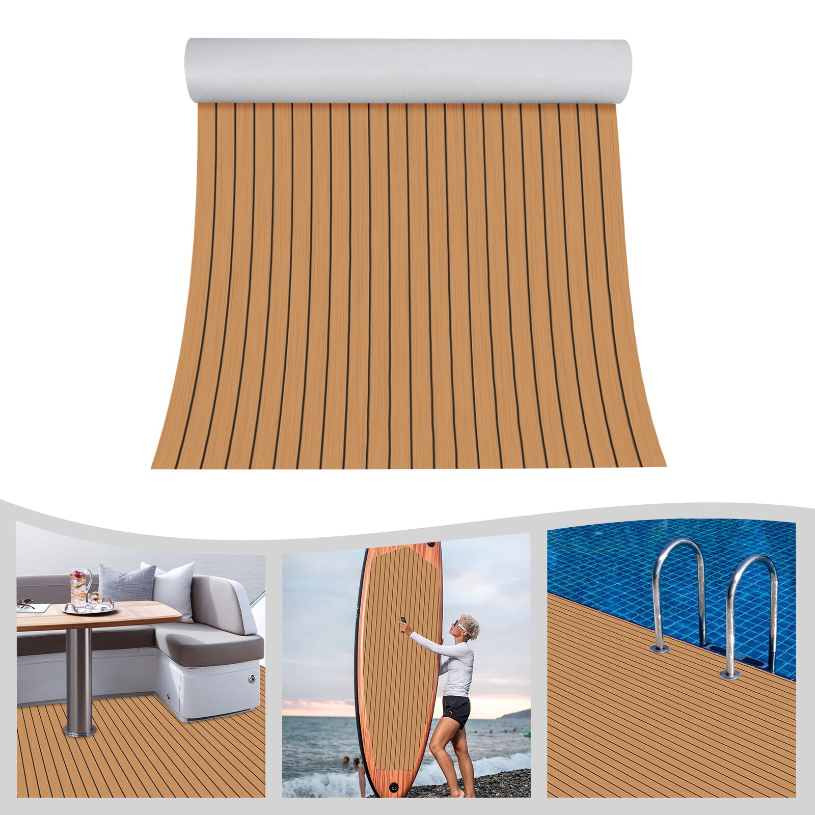 ToppiJoy EVA Foam Boat Deck Mat with Drainage Grooves, UV, Anti-Slip Mat Non-Slip Self-Adhesive Boat Flooring Mat for Yachts, Kayaks, Fishing Boats 94.48*47.24in Brown+Black