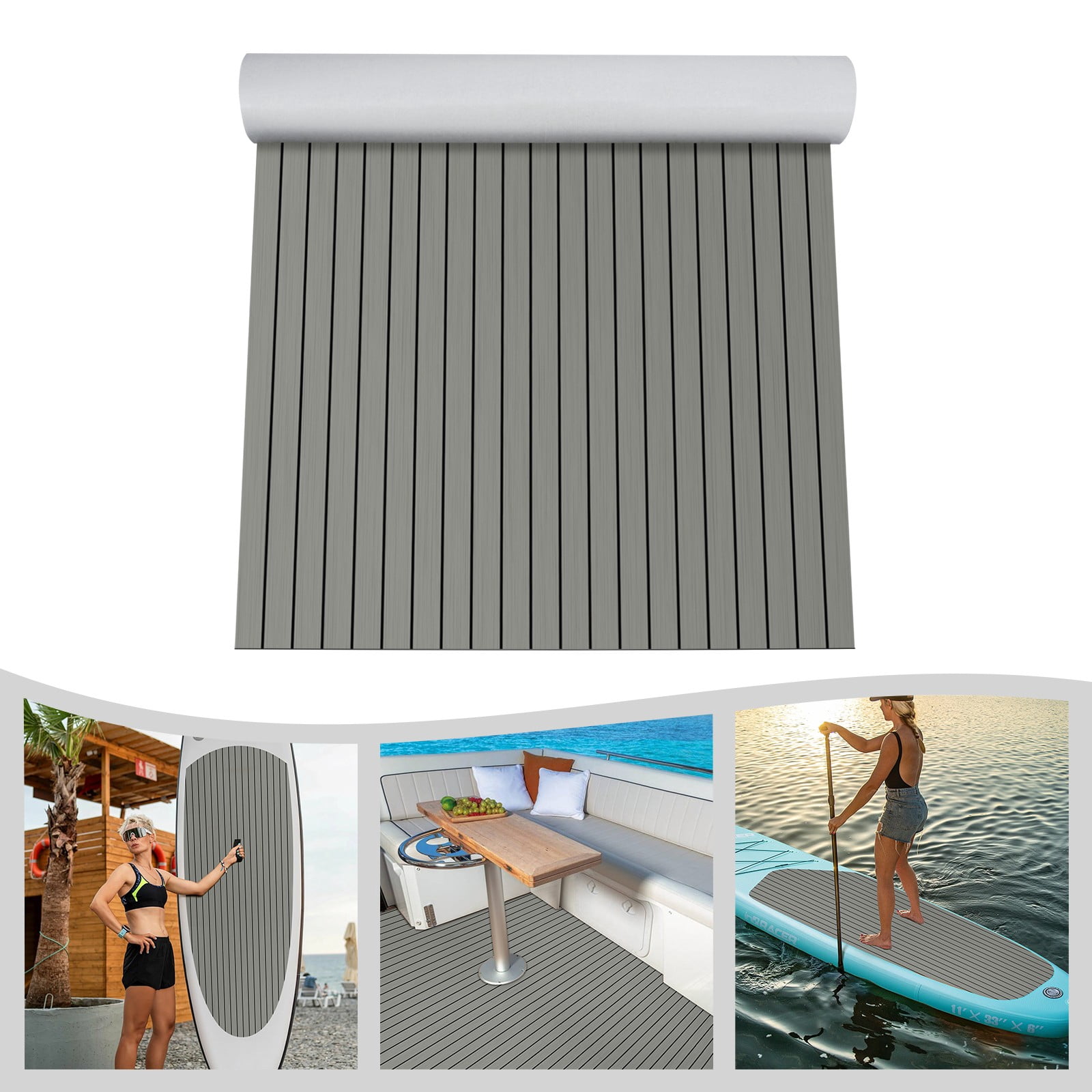 ToppiJoy EVA Foam Boat Deck Mat with Drainage Grooves, UV, Anti-Slip Mat Non-Slip Self-Adhesive Boat Flooring Mat for Yachts, Kayaks, Fishing Boats 94.48*47.24in Light Gray Black