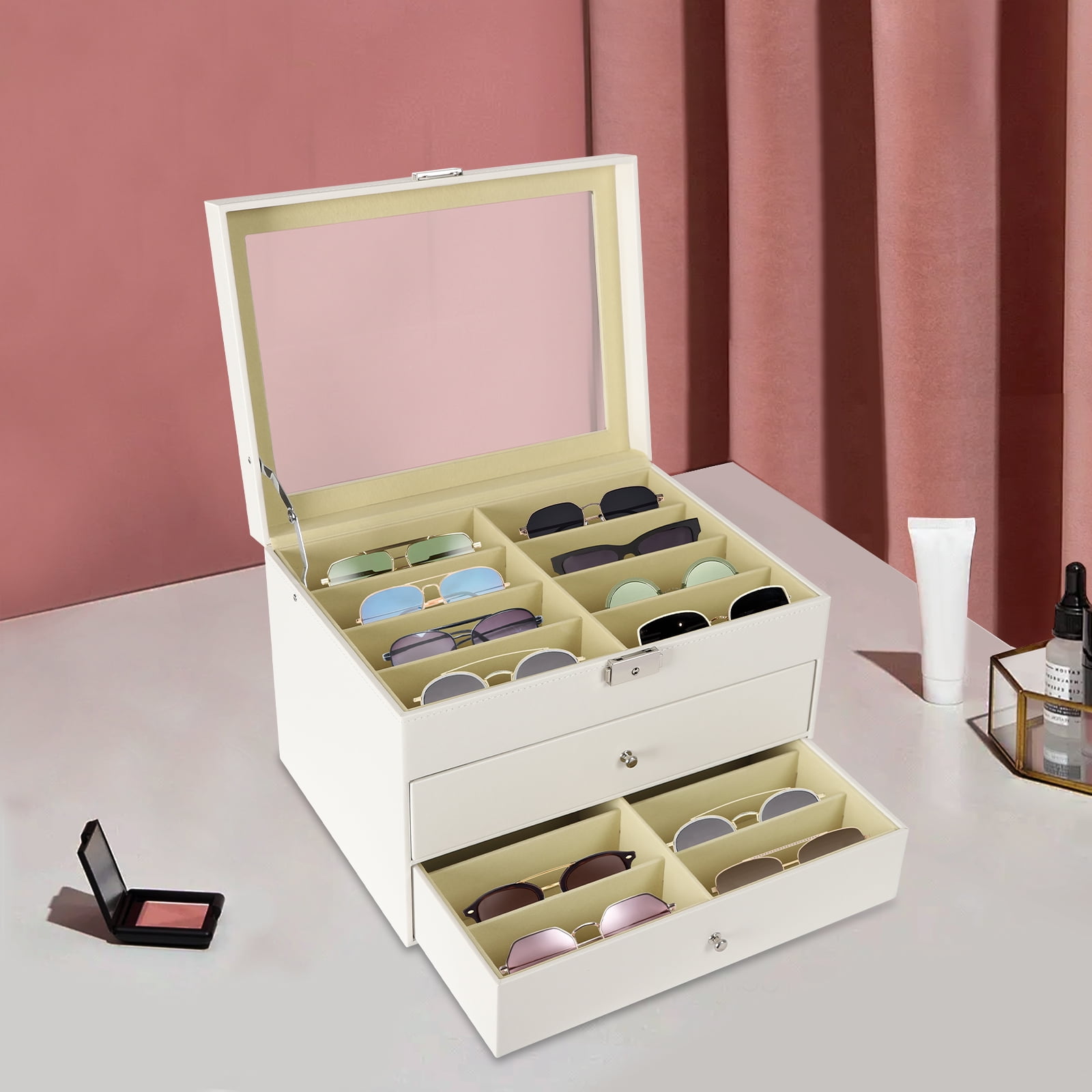 ToppiJoy Eyeglasses Display Case with 24 Compartments, Glass Lid ...