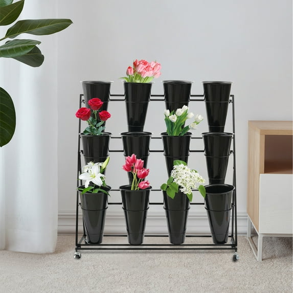 ToppiJoy Flower Display Stands with 3 Layers 12 Buckets, Flowers Movable Plant Display Stand Cut Flowers Container Heavy Duty Moving Iron Plant Cart Shelf on Wheels for Patio Lawn(Black)