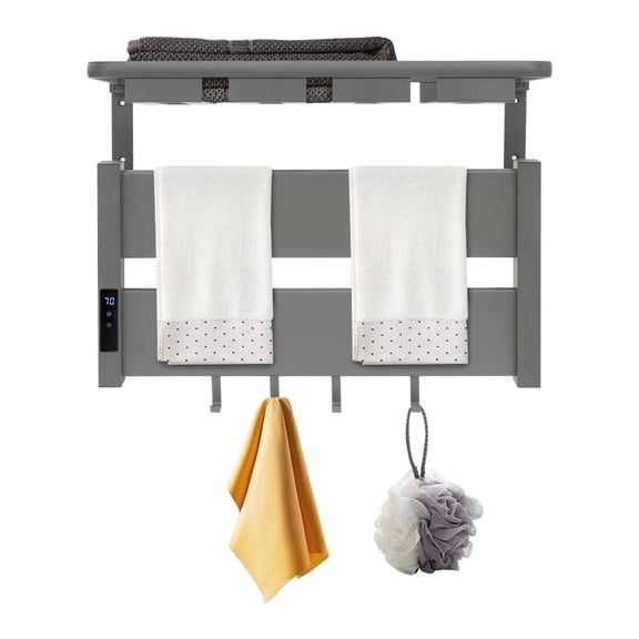 ToppiJoy Foldable Electric Heated Towel Warmer Rack, Wall-Mounted Towel Dryer with Storage Shelf, Adjustable Temp 95-158℉ Timer 0-2h (Grey)