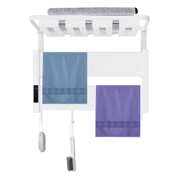 ToppiJoy Foldable Electric Heated Towel Warmer Rack, Wall-Mounted Towel Dryer with Storage Shelf, Adjustable Temp 95-158℉ Timer 0-2h (White)