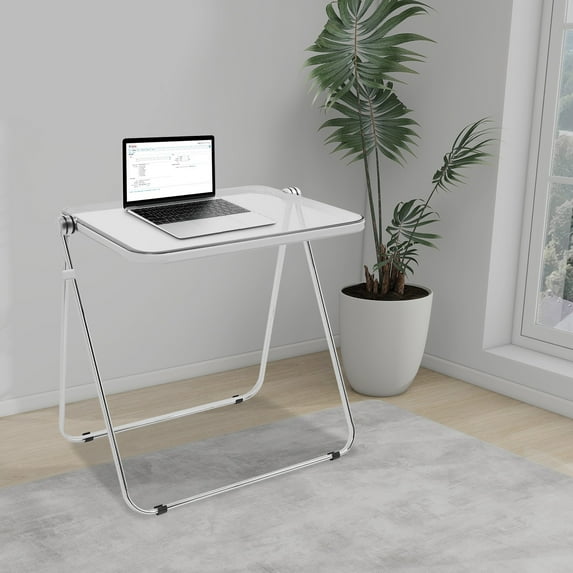 ToppiJoy Foldable Portable Acrylic Table, Acrylic End Side Table Modern Rectangular, Folding Desk Laptop Table No Assembly Required for Small Spaces (Silver and Clear)