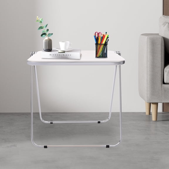 ToppiJoy Foldable Portable Acrylic Table, Acrylic End Side Table Modern Rectangular, Folding Desk Laptop Table No Assembly Required for Small Spaces (Silver + White)