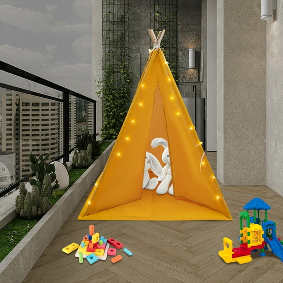 ToppiJoy Foldable Teepee Tent, Play Tent for Kid, Kids Teepee Tent with Window and String of Lights, Indoor Teepee Tent Set (Yellow)