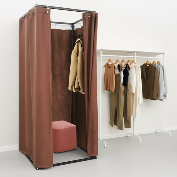 ToppiJoy Freestanding Changing Room with Privacy Curtain, Portable Clothing Store Fitting Room for Events, Market, Home 85*85*200cm (Coffee)