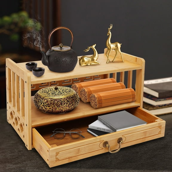 ToppiJoy Freestanding Desktop Organizer Altar Table with Drawer Meditation Storage Table with 2 Open Shelves