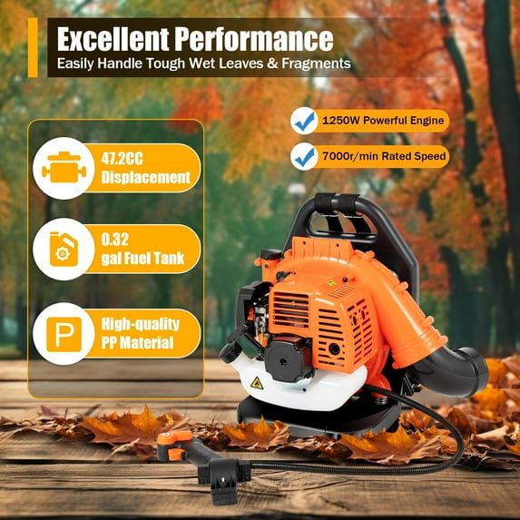 ToppiJoy Gasoline Leaf Blower with 1250W Engine, 47.2CC, 7000r/min Speed, Ergonomic Backpack Design, Adjustable Blowing Range, Easy to Install