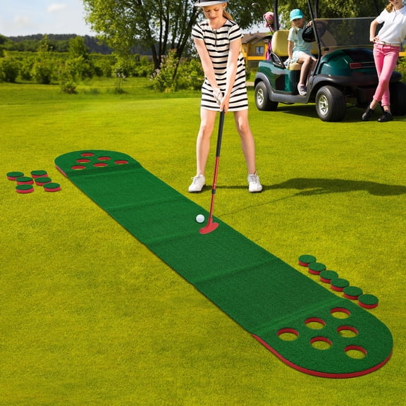 ToppiJoy Golf Putting Mat with Adjustable Clubs, Foldable Floor Mat for Home, Office, and Outdoor Green, Red