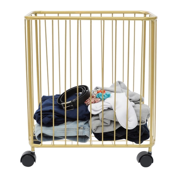 ToppiJoy Laundry Basket with Wheels, Metal Rolling Laundry Cart, Ventilated Hollow-Out Design for Bedroom, Laundry Room, Bathroom Gold