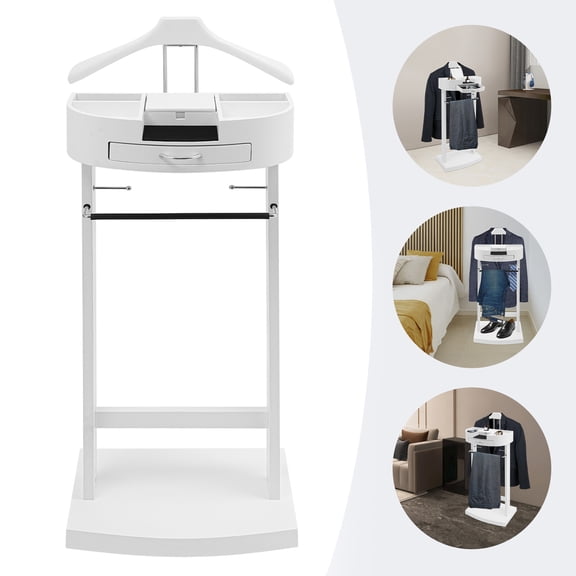 ToppiJoy Multifunctional Valet Stand for Man and Women, Wood Clothes Valet with Storage Drawer Shoe Rack Base, for Bedroom, Living Rooms, Entryway