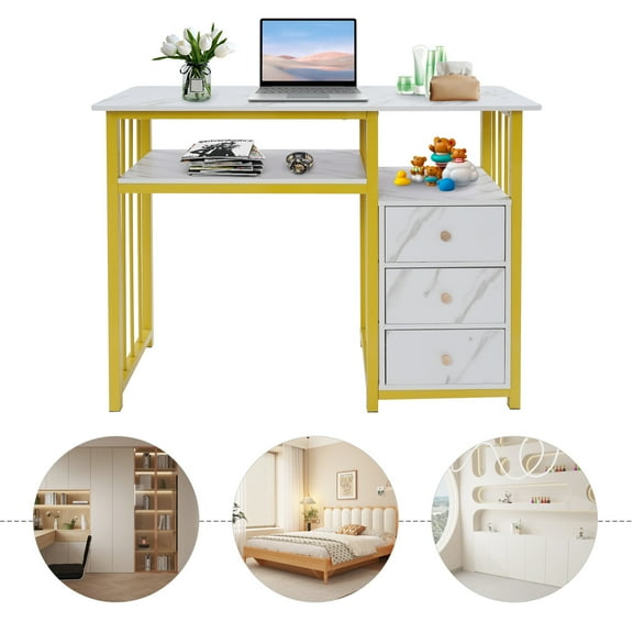 ToppiJoy Nail Desk, Manicure Table Nail Station with Metal Frame, Marbling Texture Manicure with 3 Drawers for Beauty Salon Spa