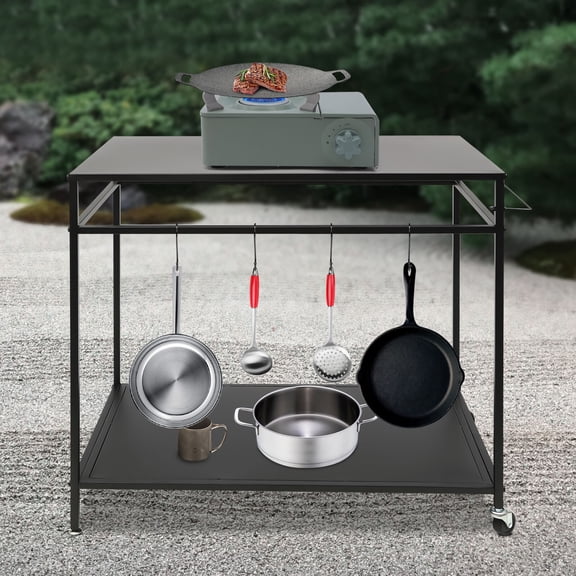 ToppiJoy Outdoor Movable Grill Cart, Flattop Grills Cart with 2 Wheels 4 Hooks, Multifunctional BBQ Grill Cart, for Pizza Oven, Patio Grilling Backyard BBQ Grill Cart