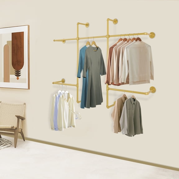 ToppiJoy Pipe Clothing Racks, Wall Mounted Garment Rack with 5 Hanging Rods, Heavy Duty Metal Closet Rods for Home, Retail Stores, Shopping Malls (Gold)